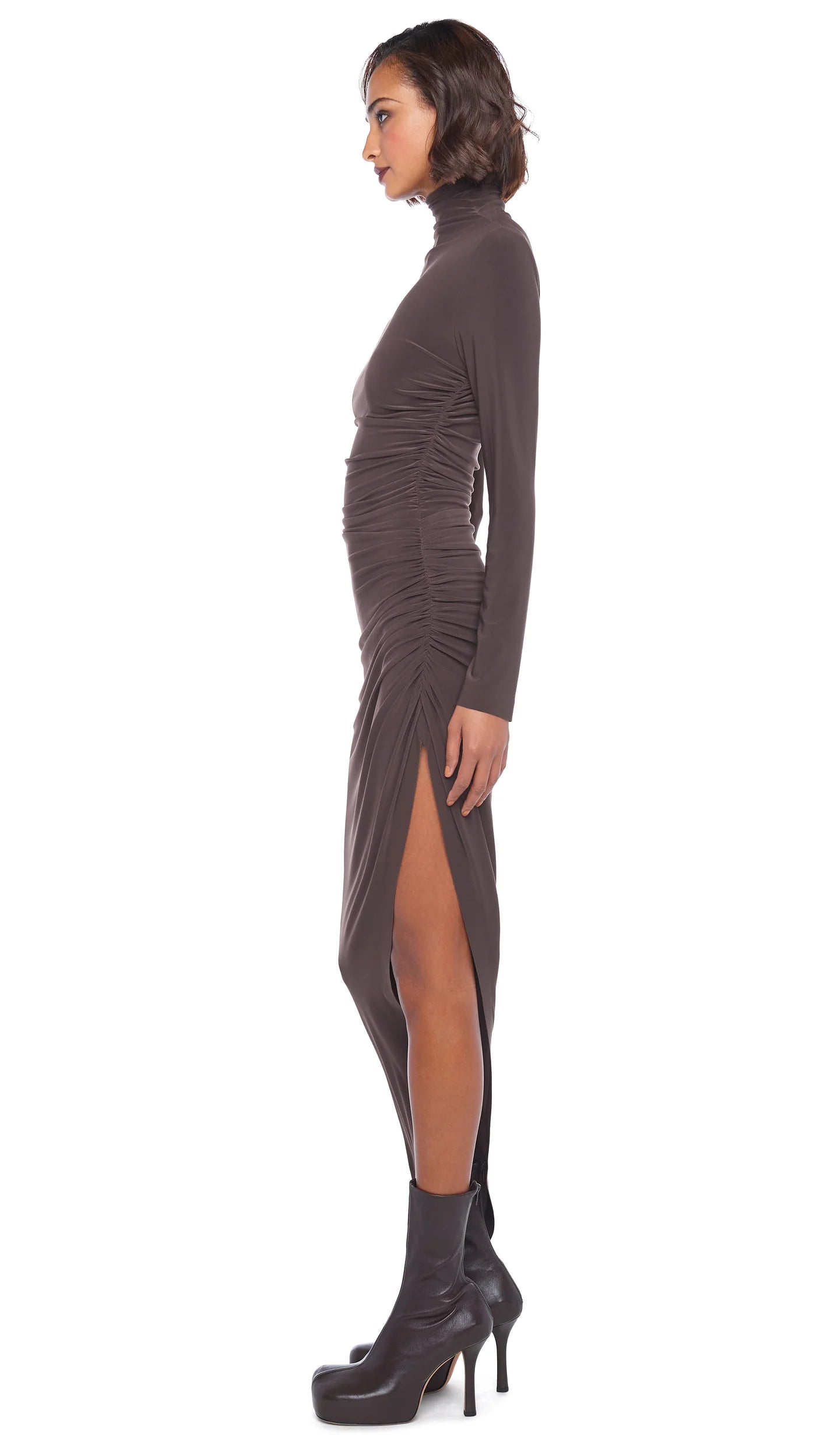 Norma Kamali- Long Sleeve Turtle Neck Side Drape Gown